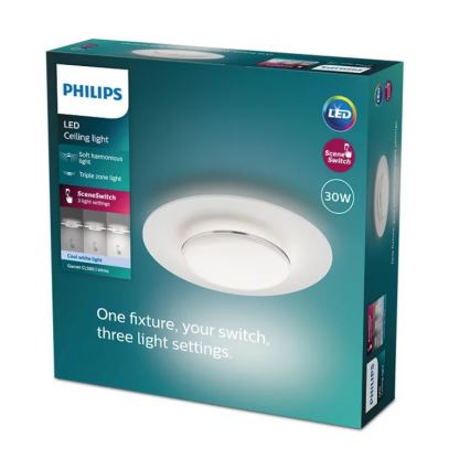 LED stropné svetlo Philips s trojitým zónovým osvetlením a systémom SceneSwitch ponúka tri nastavenia svetla. Balenie ukazuje 30W svietidlo s bielym tienidlom.