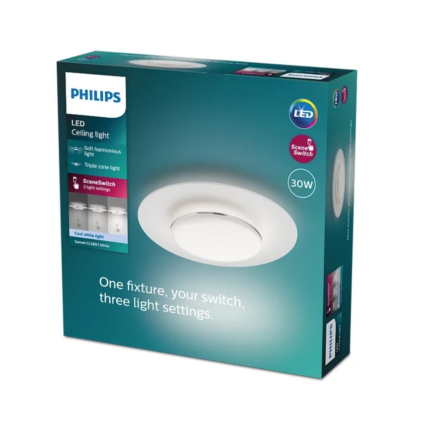 LED stropné svetlo Philips s trojitým zónovým osvetlením a systémom SceneSwitch ponúka tri nastavenia svetla. Balenie ukazuje 30W svietidlo s bielym tienidlom.