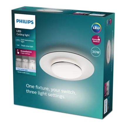 LED stropné svetlo Philips s funkciou SceneSwitch, ponúka tri svetelné nastavenia. Balenie zobrazuje samotné svetlo s priemerom 30W.