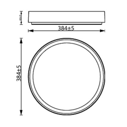 Technický výkres kruhového svietidla s rozmermi 384±5 mm. Svietidlo je zobrazené zhora a z boku s uvedením priemeru a hĺbky.