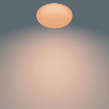 Svetlo oranžová guľa visí v priestore s rozmazaným, svetlohnedým pozadím.