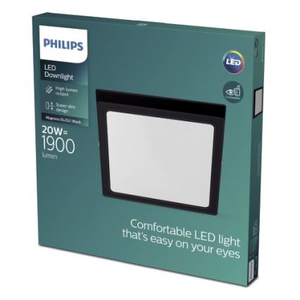 Balenie LED svietidla Philips Magnes DL252 v čiernej farbe, s výkonom 20W a svetelným výkonom 1900 lúmenov. Svietidlo je prezentované na obale ako pohodlné a šetrné k očiam.