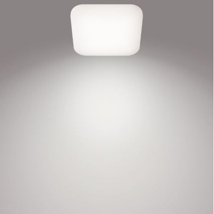 Svietidlo svieti na svetlohnedú stenu. Svietidlo je obdĺžnikové s oblými rohmi a je pripevnené k stropu. Svietidlo vyžaruje svetlo smerom nadol.