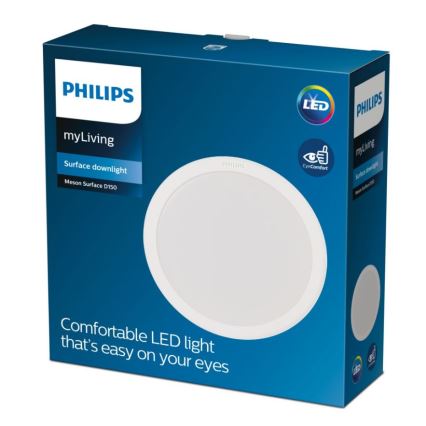 Balenie s kruhovým LED nástenným svietidlom Philips myLiving Meson Surface D150. Svietidlo je označené ako pohodlné a šetrné k očiam. Balenie je modré.