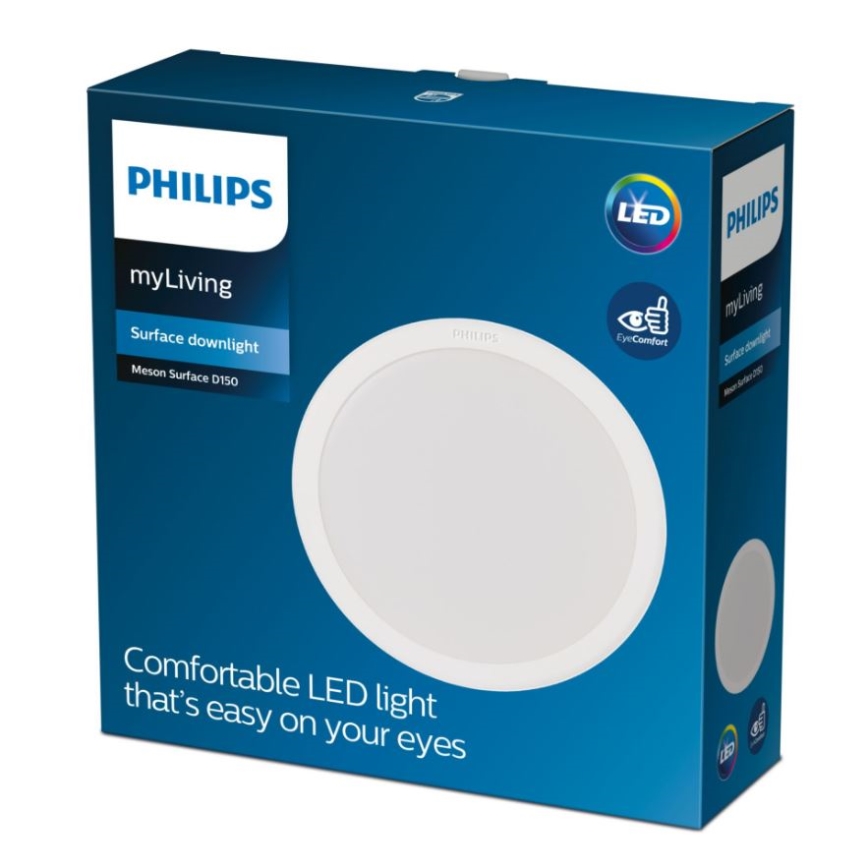 Balenie s kruhovým LED nástenným svietidlom Philips myLiving Meson Surface D150. Svietidlo je označené ako pohodlné a šetrné k očiam. Balenie je modré.