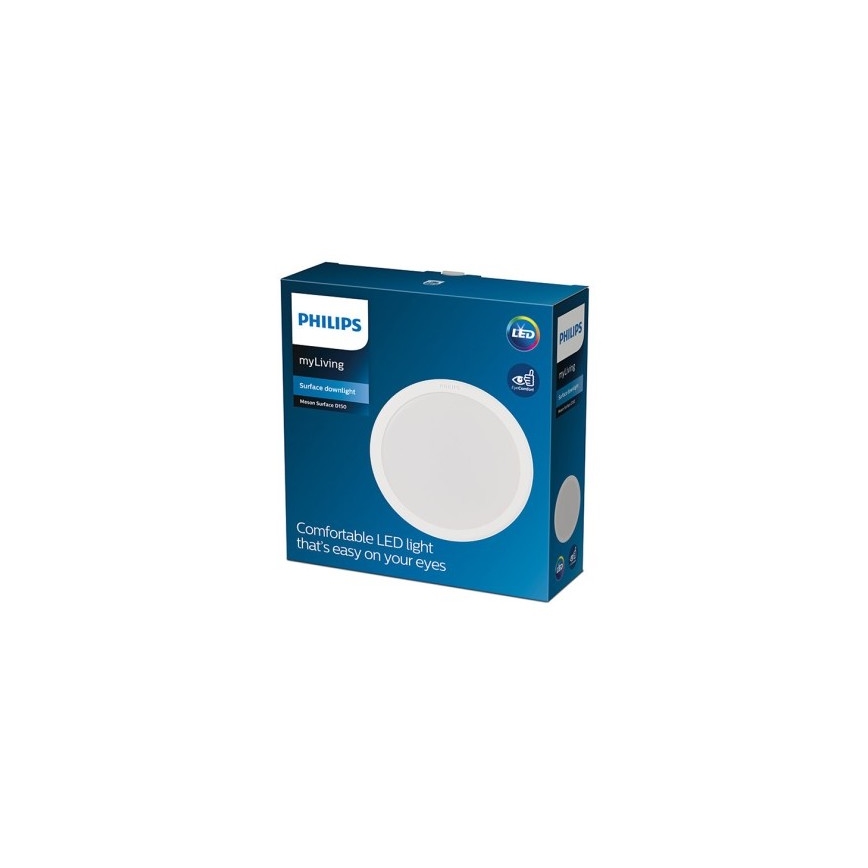 Okrúhle LED svietidlo Philips myLiving, zabalené v modro-bielej krabici, je zobrazené na prednej strane obalu. Text na krabici uvádza: „PHILIPS myLiving Surface downlight Mean Surface D110 Comfortable LED light that's easy on your eyes“.