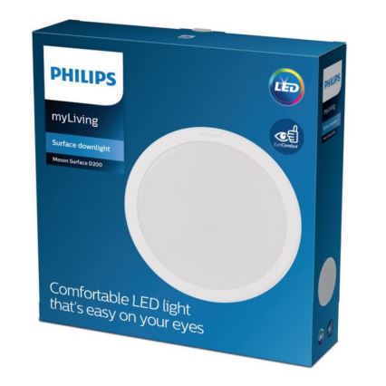 LED svietidlo Philips myLiving Meson Surface D200 je zobrazené v balení. Balenie je modré a obsahuje popis svietidla ako pohodlné LED svetlo šetrné k očiam.