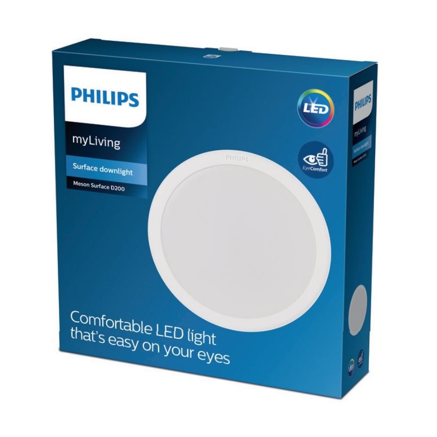 LED svietidlo Philips myLiving Meson Surface D200 je zobrazené v balení. Balenie je modré a obsahuje popis svietidla ako pohodlné LED svetlo šetrné k očiam.
