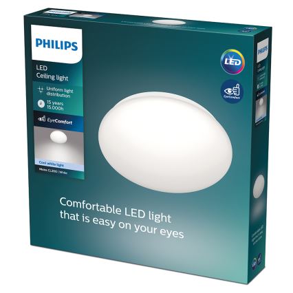 Balenie LED stropného svetla Philips zobrazuje okrúhle svetlo s rovnomerným rozložením svetla. Svietidlo má funkciu EyeComfort a vydrží 15 rokov/15 000 hodín. Je bielej farby a označené ako Cool white light, More CL200 White.