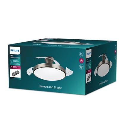 Balenie stropného ventilátora Philips s LED osvetlením zobrazuje ventilátor s otáčajúcimi sa lopatkami. Ventilátor má diaľkové ovládanie. Na balení je nápis „Breeze and Bright“. Obsahuje LED diódy, DC motor, výkon 35-28 W.