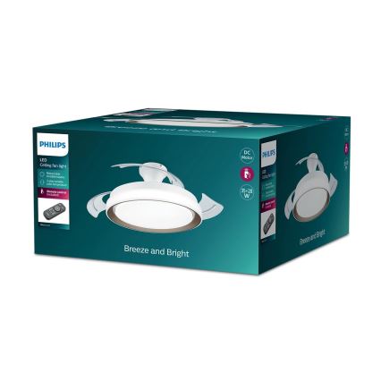 Balenie stropného ventilátora Philips s LED osvetlením. Ventilátor je biely, s okrúhlym tienidlom a diaľkovým ovládaním. Balenie uvádza: LED stropný ventilátor, DC motor, 35+28 W, možnosť nastavenia teploty farby, diaľkové ovládanie.