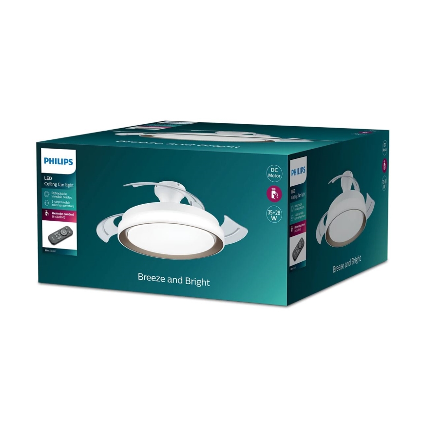 Balenie stropného ventilátora Philips s LED osvetlením. Ventilátor je biely, s okrúhlym tienidlom a diaľkovým ovládaním. Balenie uvádza: LED stropný ventilátor, DC motor, 35+28 W, možnosť nastavenia teploty farby, diaľkové ovládanie.