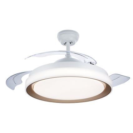 Biely stropný ventilátor s integrovaným svetlom sa nachádza na bielom pozadí. Ventilátor má tri priehľadné lopatky a okrúhly difúzor svetla.