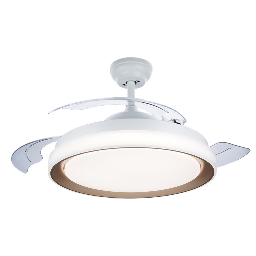 Biely stropný ventilátor s integrovaným svetlom sa nachádza na bielom pozadí. Ventilátor má tri priehľadné lopatky a okrúhly difúzor svetla.