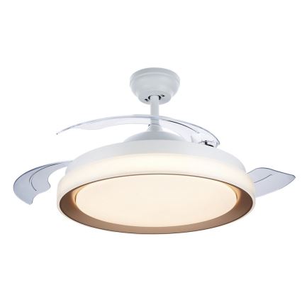 Biely stropný ventilátor s integrovaným svetlom je pripevnený k stropu. Ventilátor má tri priesvitné lopatky a okrúhly svetelný zdroj. Vyžaruje svetlo.