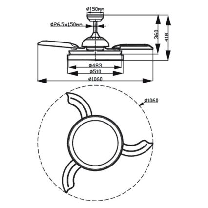 Technický výkres stropného ventilátora s tromi lopatkami. Ventilátor je zobrazený v dvoch pohľadoch s rozmermi: Ø150mm, Ø26.5x150mm, Ø483, Ø510, Ø1060, 350, 418. Priemer lopatiek je Ø1060 mm.