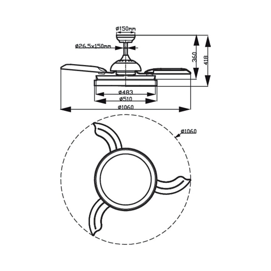 Technický výkres stropného ventilátora s tromi lopatkami. Ventilátor je zobrazený v dvoch pohľadoch s rozmermi: Ø150mm, Ø26.5x150mm, Ø483, Ø510, Ø1060, 350, 418. Priemer lopatiek je Ø1060 mm.
