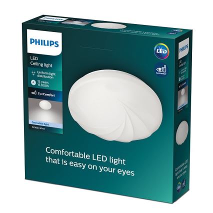 Biela LED stropná lampa Philips CL200 s rovnomerným rozptylom svetla, životnosťou 15 000 hodín a technológiou EyeComfort, je zobrazená na obale.
