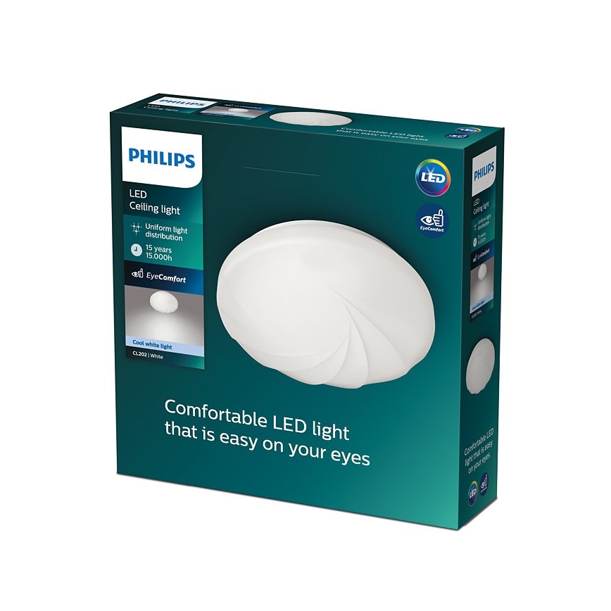 Biela LED stropná lampa Philips CL200 s rovnomerným rozptylom svetla, životnosťou 15 000 hodín a technológiou EyeComfort, je zobrazená na obale.