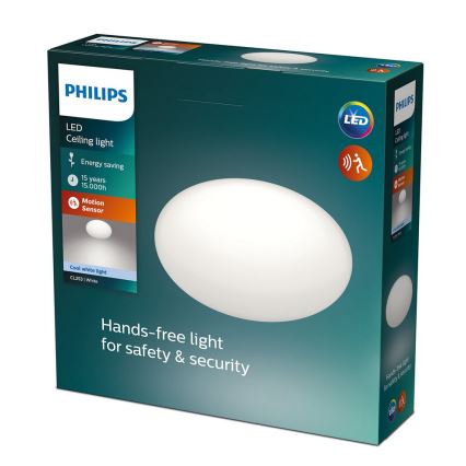 Balenie LED stropného svetla Philips s pohybovým senzorom. Svetlo je energeticky úsporné, s životnosťou 15 rokov/15 000 hodín. Balenie uvádza: „Hands-free light for safety & security“.