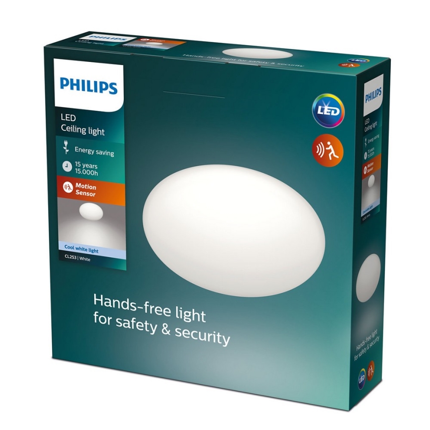 Balenie LED stropného svetla Philips s pohybovým senzorom. Svetlo je energeticky úsporné, s životnosťou 15 rokov/15 000 hodín. Balenie uvádza: „Hands-free light for safety & security“.