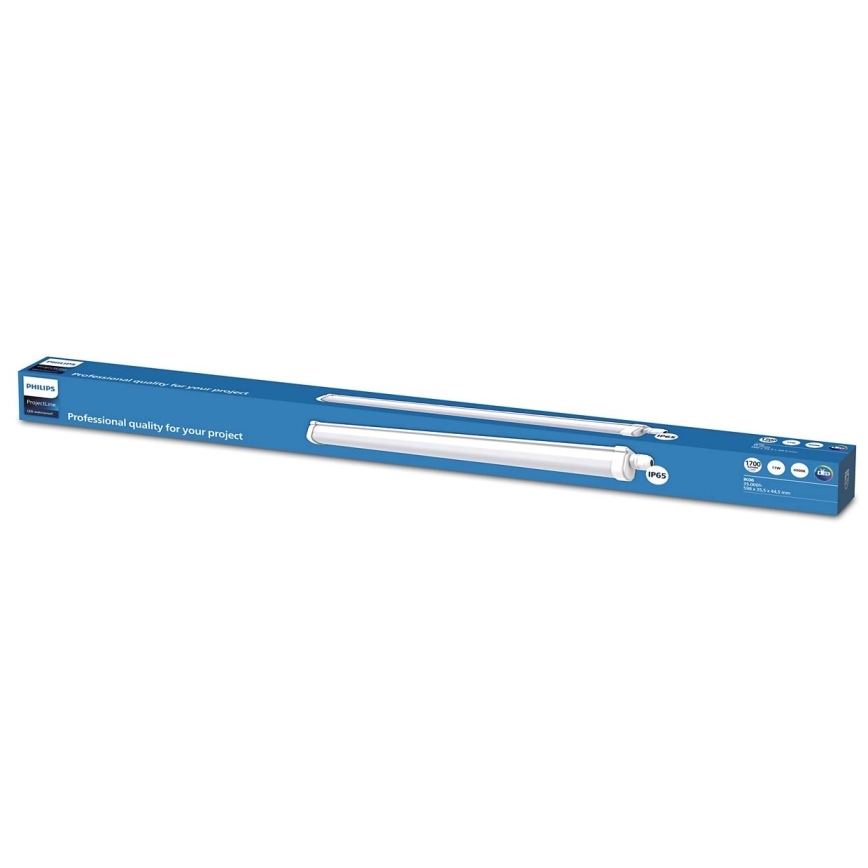 LED trubica Philips ProjectLine je v balení. Balenie je modré s textom: „Professional quality for your project“. Trubica je dlhá a biela.