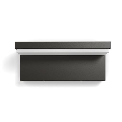 Svietidlo je pripevnené na stene. Svietidlo má tmavosivú farbu a v hornej časti úzky biely svetelný pás. Svietidlo je zobrazené zhora.