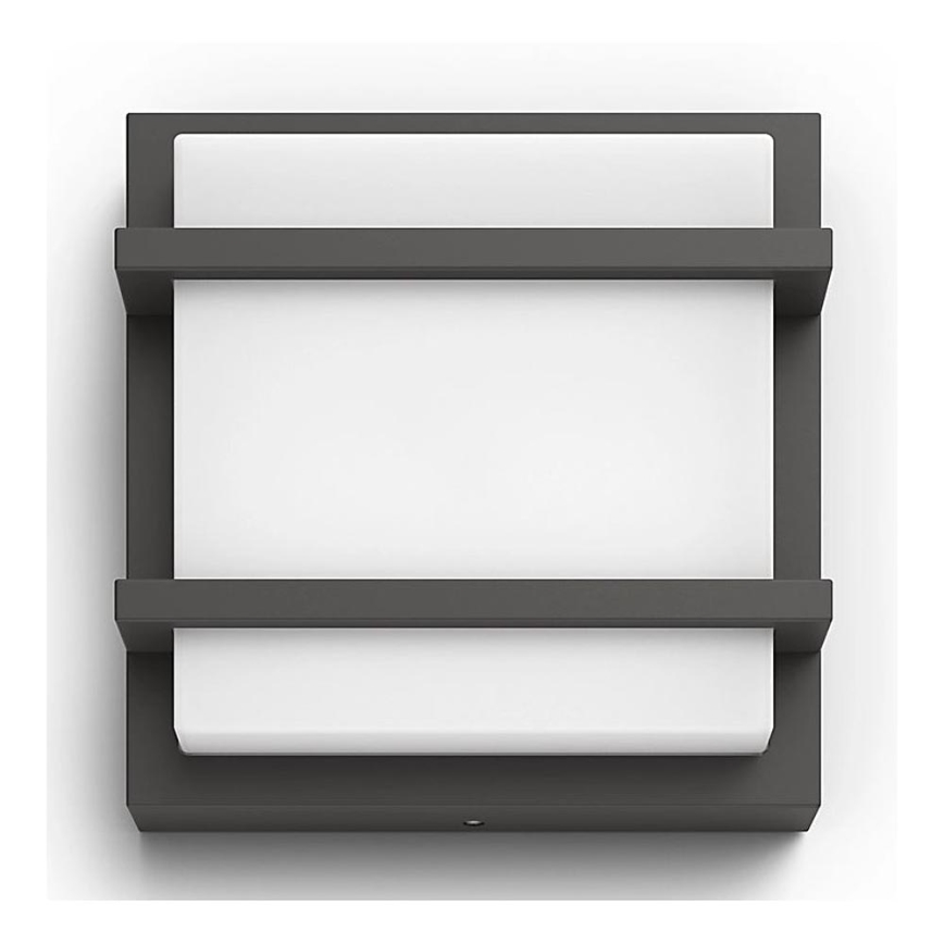 Nástené svietidlo s tmavosivým rámom a matným bielym difúzorom je zobrazené na bielom pozadí. Svietidlo má jednoduchý štvorcový tvar s dvoma vodorovnými priečkami.