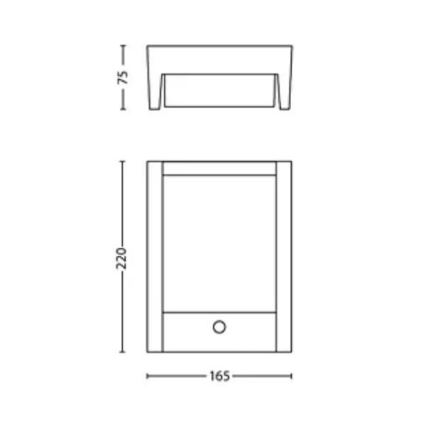 Nábytok, pravdepodobne stolík, s rozmermi 165x220x75 mm, zobrazený v čelnom a bočnom pohľade, má jednoduchý obdĺžnikový tvar s otvorom v spodnej časti.