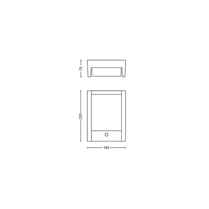 Nábytok, pravdepodobne stolík, s rozmermi 165x220x75 mm, zobrazený v čelnom a bočnom pohľade, má jednoduchý obdĺžnikový tvar s otvorom v spodnej časti.