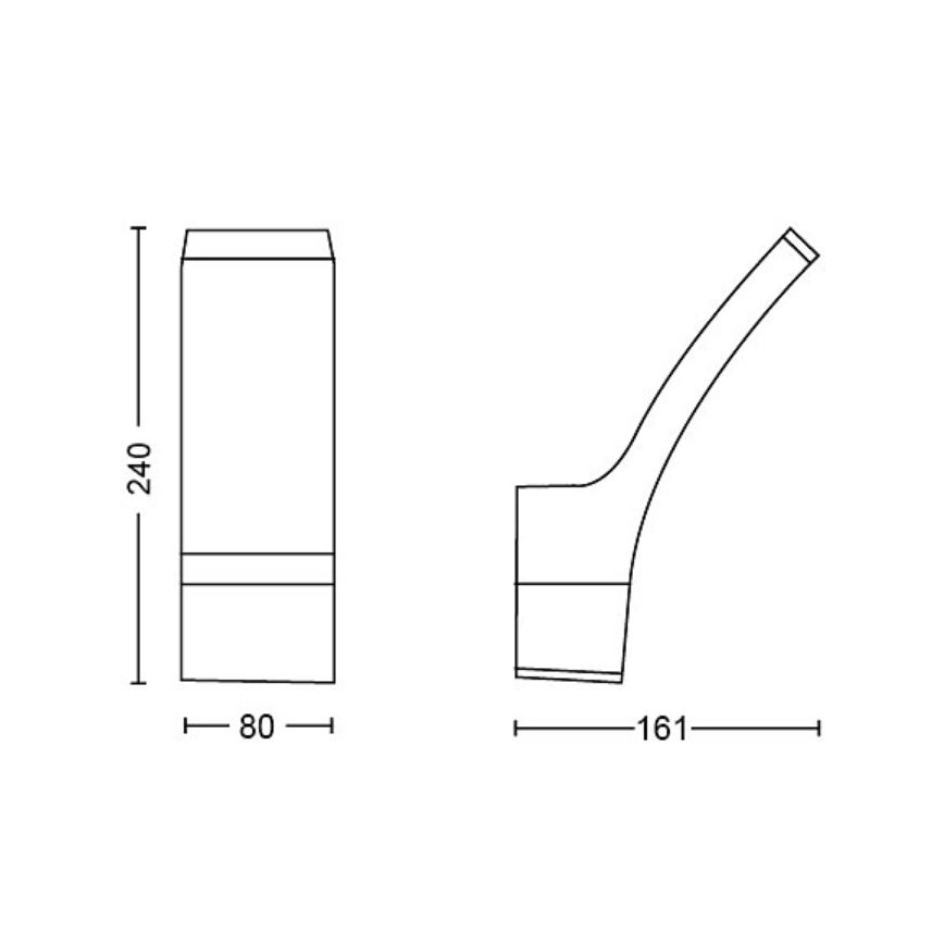 Dve čiernobiele technické kresby znázorňujúce nástenné svietidlo: prvá zobrazuje čelný pohľad s rozmermi 80 x 240 mm, druhá bočný pohľad s rozmerom 161 mm.