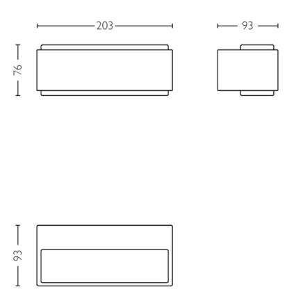 Svietidlo je zobrazené v troch pohľadoch s rozmermi: 203 x 76 mm a 93 x 93 mm. Jeden pohľad ukazuje svietidlo zhora, druhý zboku a tretí spredu.
