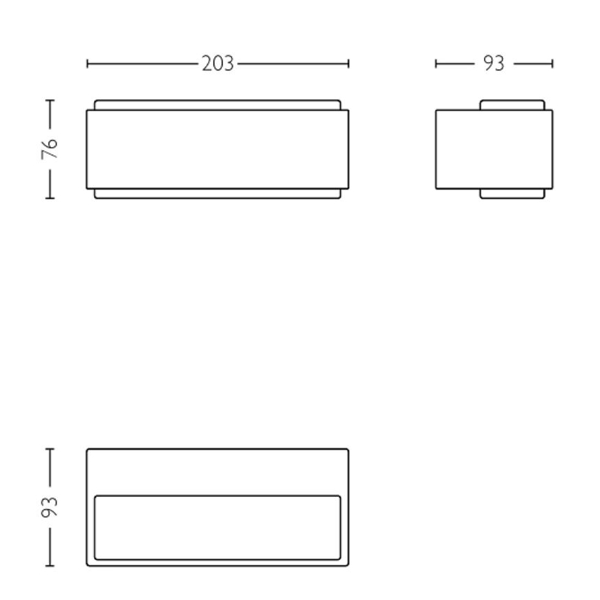 Svietidlo je zobrazené v troch pohľadoch s rozmermi: 203 x 76 mm a 93 x 93 mm. Jeden pohľad ukazuje svietidlo zhora, druhý zboku a tretí spredu.