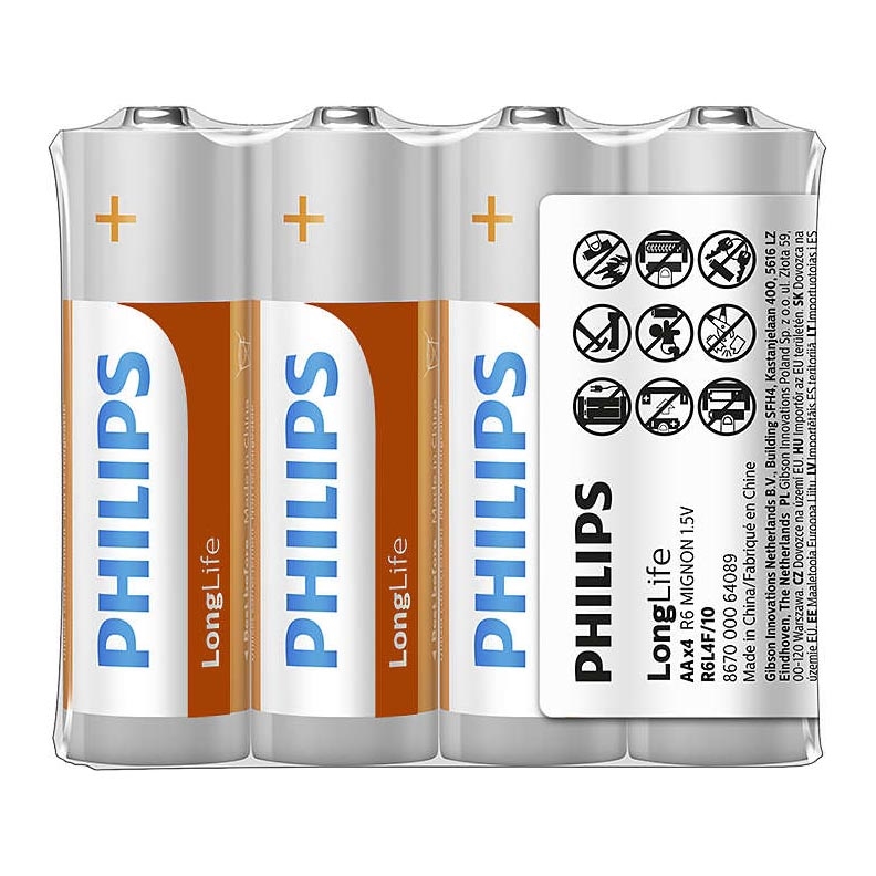 Philips R6L4F/10 - 4 ks Zinkochloridová batéria AA LONGLIFE 1,5V 900mAh