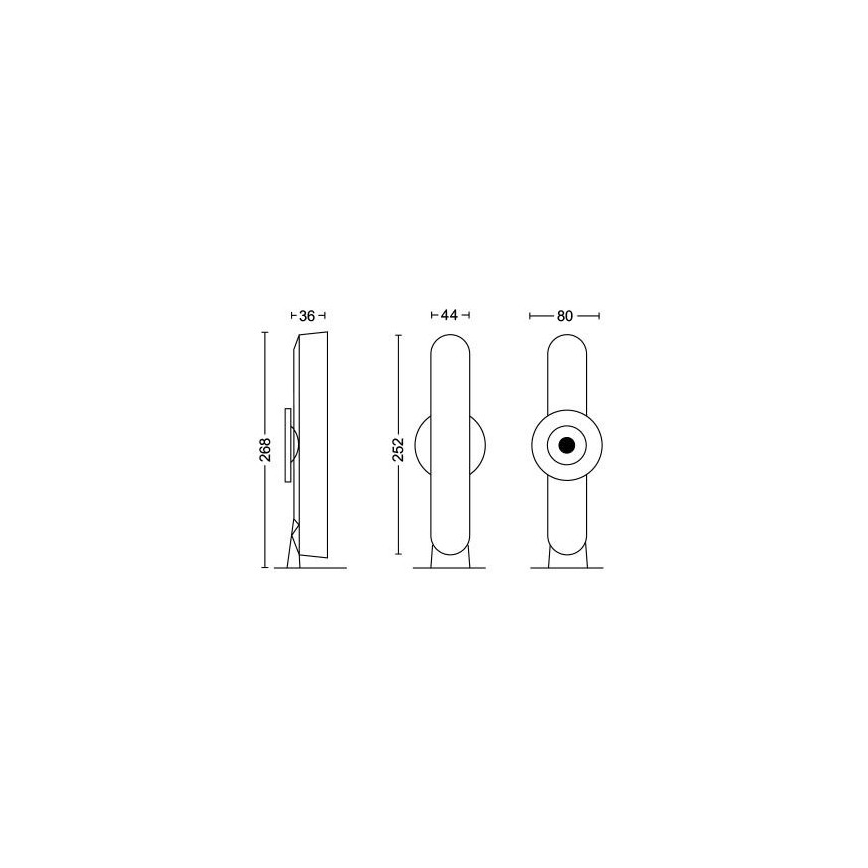 Technický výkres zobrazuje tri rozmery stojacej lampy s valcovým telom a kruhovým detailom. Rozmery sú uvedené v milimetroch: výška 252, šírka 44 a 80. Ďalšia schéma zobrazuje lampu v bočnom pohľade s celkovou výškou 268 a šírkou 36 mm.