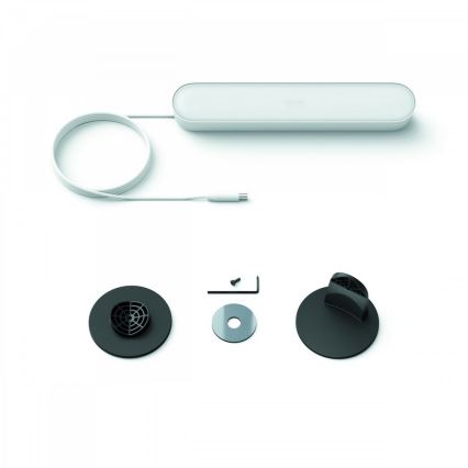 Biela svetelná lišta s káblom leží na bielom podklade. Súčasťou balenia sú dva čierne držiaky, skrutka, podložka a imbusový kľúč.