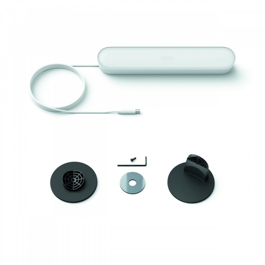 Biela svetelná lišta s káblom leží na bielom podklade. Súčasťou balenia sú dva čierne držiaky, skrutka, podložka a imbusový kľúč.