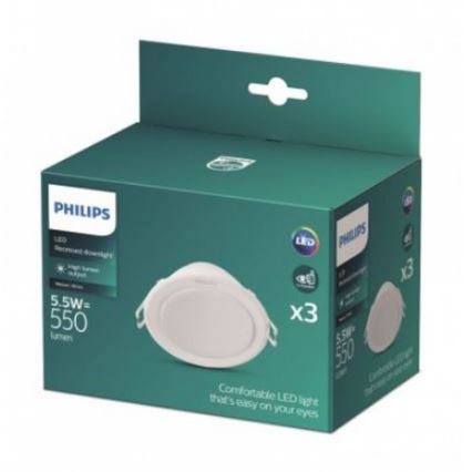 Balenie troch LED svietidiel Philips, 5,5W, 550 lúmenov, je zobrazené na zelenej krabici. Svietidlá sú biele, ploché a okrúhle. Text na krabici uvádza: Comfortable LED light that's easy on your eyes.