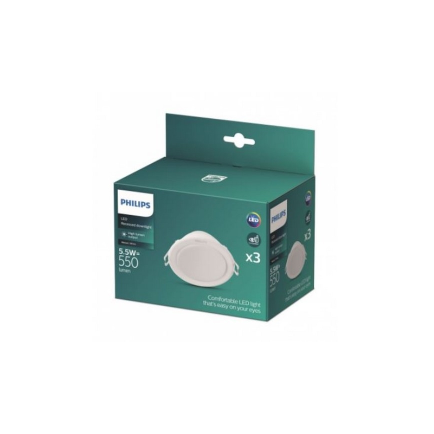 Balenie troch LED svietidiel Philips, 5,5W, 550 lúmenov, je zobrazené na zelenej krabici. Svietidlá sú biele, ploché a okrúhle. Text na krabici uvádza: Comfortable LED light that's easy on your eyes.