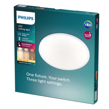 Balenie LED stropného svetla Philips Superslim CL550, bielej farby, s funkciou SceneSwitch pre tri nastavenia jasu. Umožňuje montáž na strop aj na stenu.