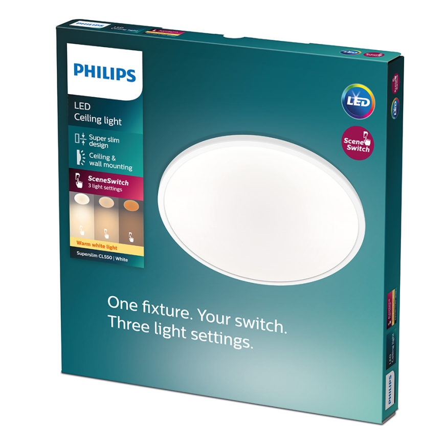 Balenie LED stropného svetla Philips Superslim CL550, bielej farby, s funkciou SceneSwitch pre tri nastavenia jasu. Umožňuje montáž na strop aj na stenu.