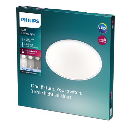 Balenie LED stropného svetla Philips Superslim CL550 bielej farby. Svetlo je možné namontovať na strop alebo stenu. Ponúka tri svetelné režimy ovládané prepínačom SceneSwitch.
