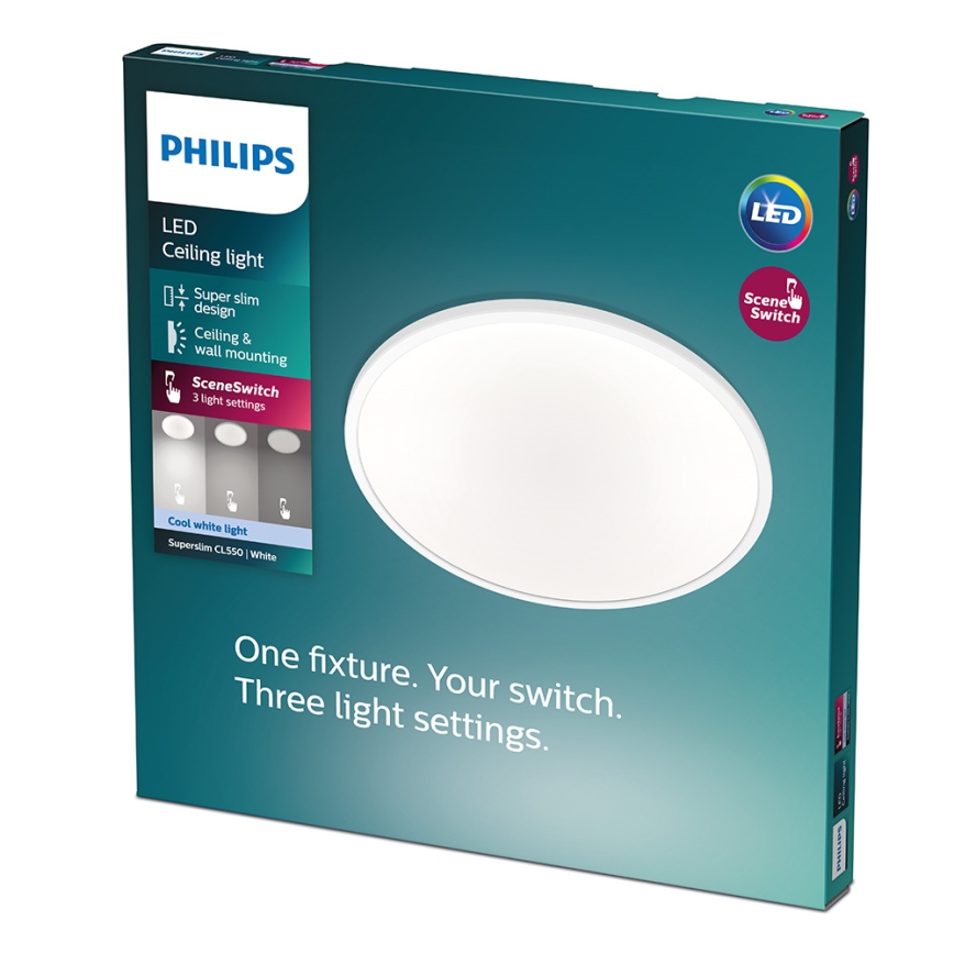 Balenie LED stropného svetla Philips Superslim CL550 bielej farby. Svetlo je možné namontovať na strop alebo stenu. Ponúka tri svetelné režimy ovládané prepínačom SceneSwitch.