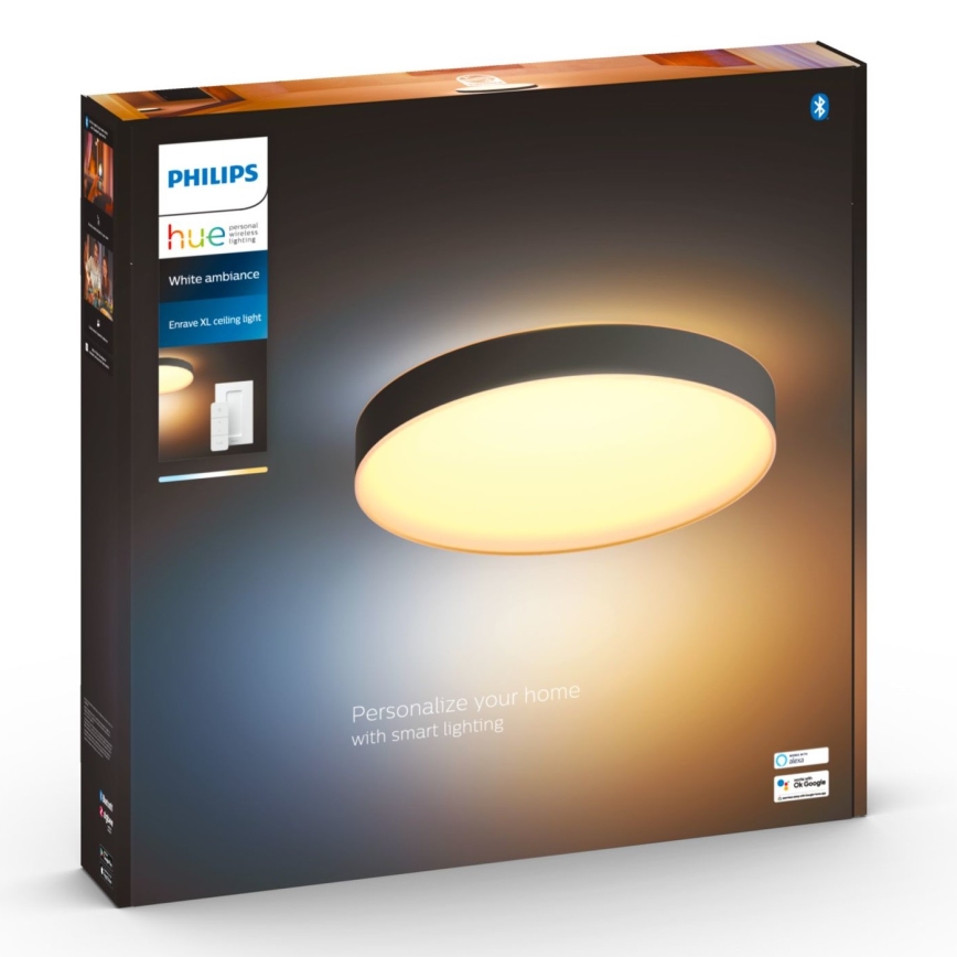 Okrúhle stropné svetlo svieti. Je súčasťou balenia Philips Hue White ambiance Enrave XL. Na krabici je text: „Personalize your home with smart lighting.“