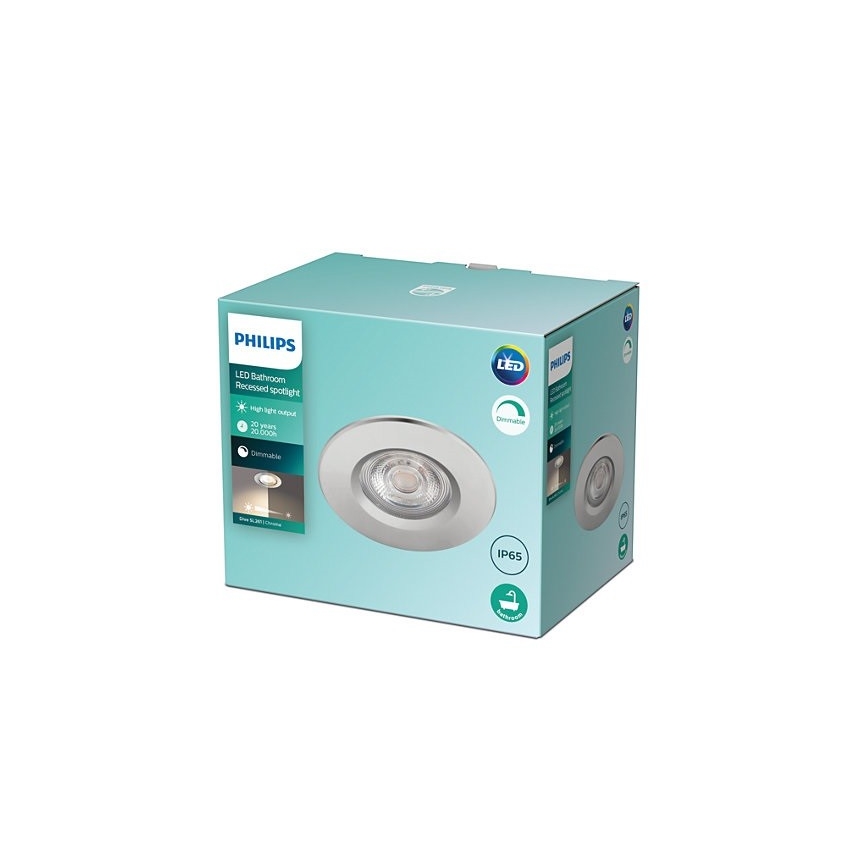 LED vstavané kúpeľňové svietidlo Philips je zobrazené v balení. Svietidlo je strieborné, svieti a je stmievateľné. Balenie uvádza: vysoký svetelný výkon, životnosť 20 rokov (20 000 hodín), stmievateľnosť, triedu ochrany IP65 a vhodné do kúpeľne.