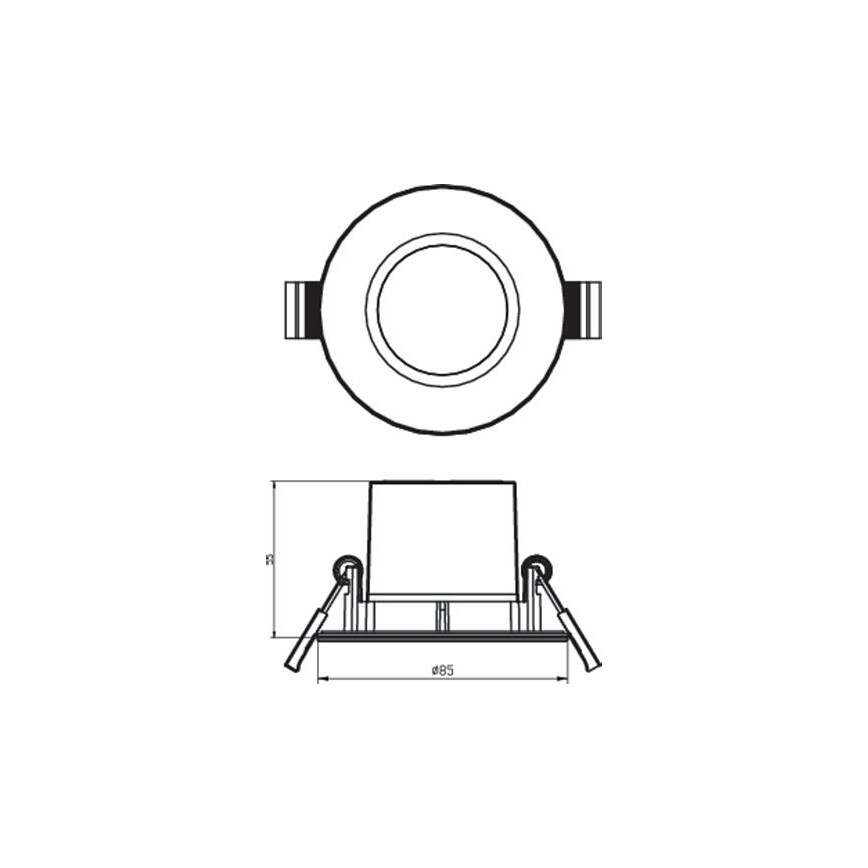 Svietidlo je zobrazené zhora a zboku s rozmermi Ø85 a 30 mm. Je kruhové, s úchytmi pre montáž do stropu.