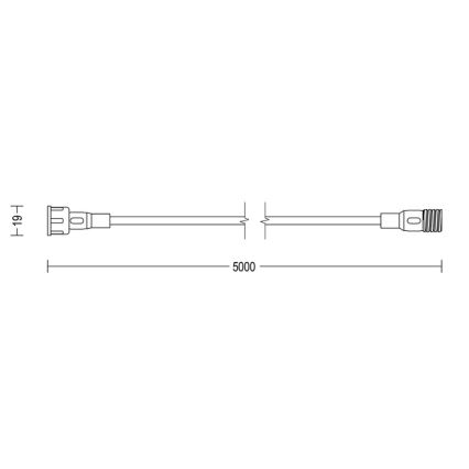 Dlhý tenký kábel s konektormi na oboch koncoch; rozmery 5000 mm a priemer 19 mm.