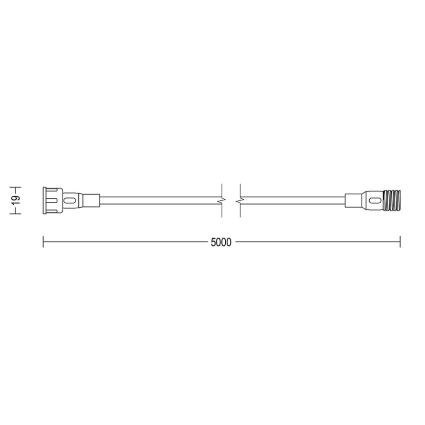 Dlhý tenký kábel s konektormi na oboch koncoch; rozmery 5000 mm a priemer 19 mm.