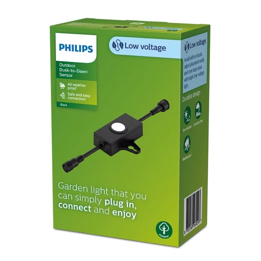 Čierna vonkajšia záhradná lampa Philips s čidlom súmraku a úsvitu sa pripája do zásuvky. Lampa je súčasťou nízkonapäťového systému, je vodeodolná a odolná voči poveternostným vplyvom. Balenie obsahuje popis montáže a prevádzky.
