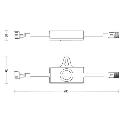 Elektrická súčiastka s káblami na oboch stranách je zobrazená v dvoch pozíciách. Rozmery sú 26, 66 a 285 mm. Súčasťou je aj otvor pre zavesenie.